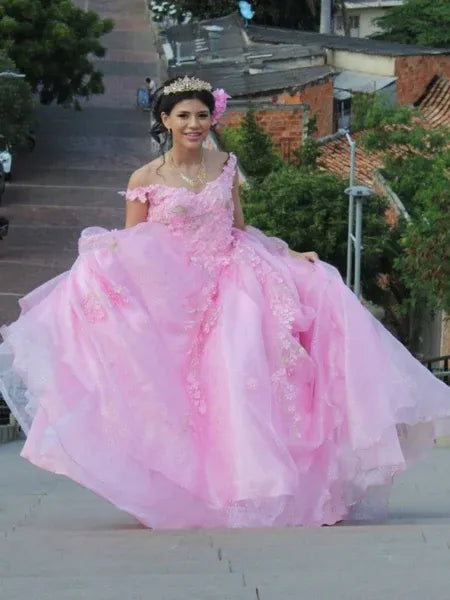 A Line V-Neck 3D Floral Open Back Glitter Tulle Pink Long Prom Dress