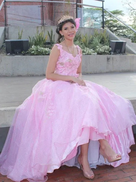 A Line V-Neck 3D Floral Open Back Glitter Tulle Pink Long Prom Dress
