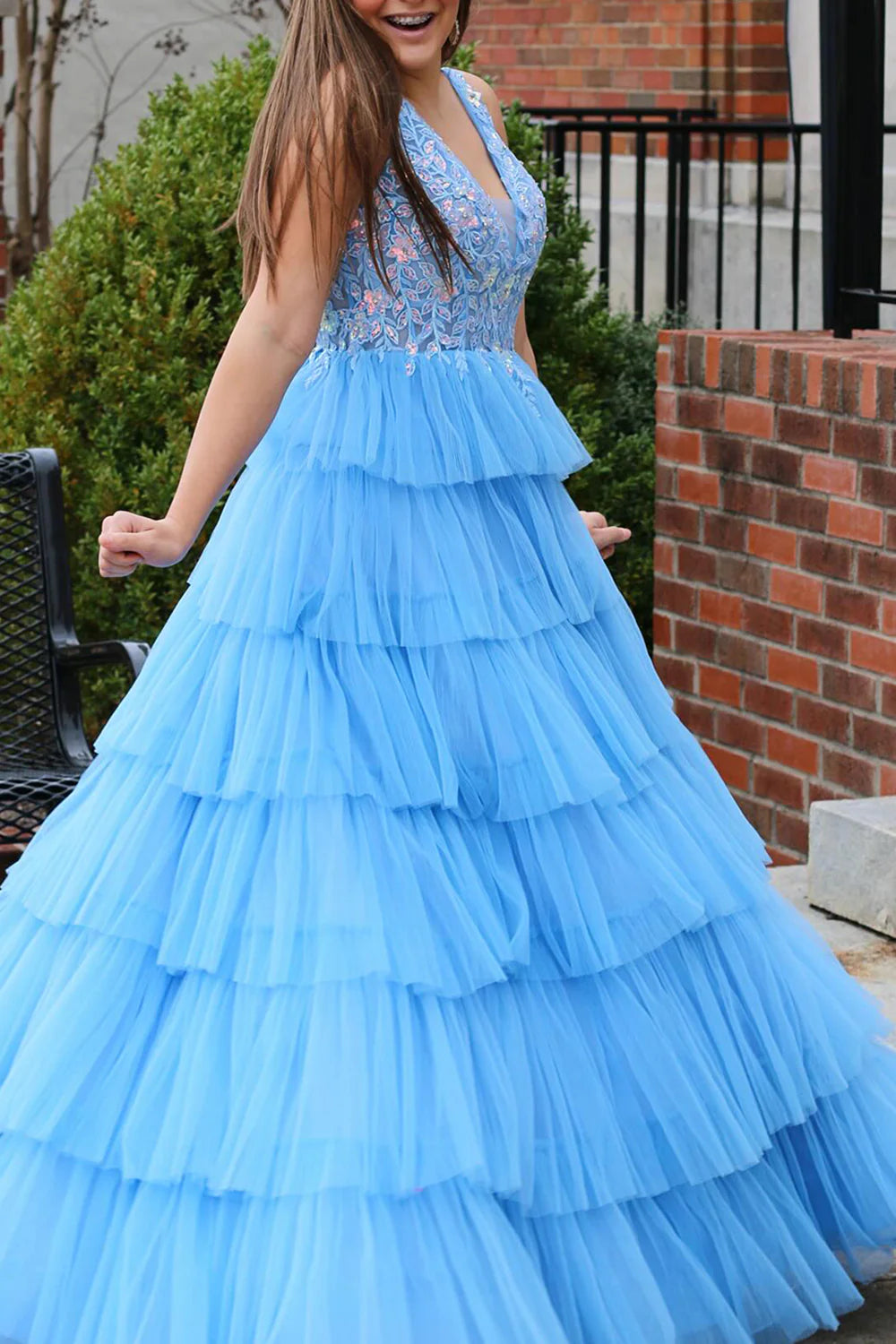 A Line V-Neck Appliques Tiered Tulle Blue Floor Length Prom Dress With Slit