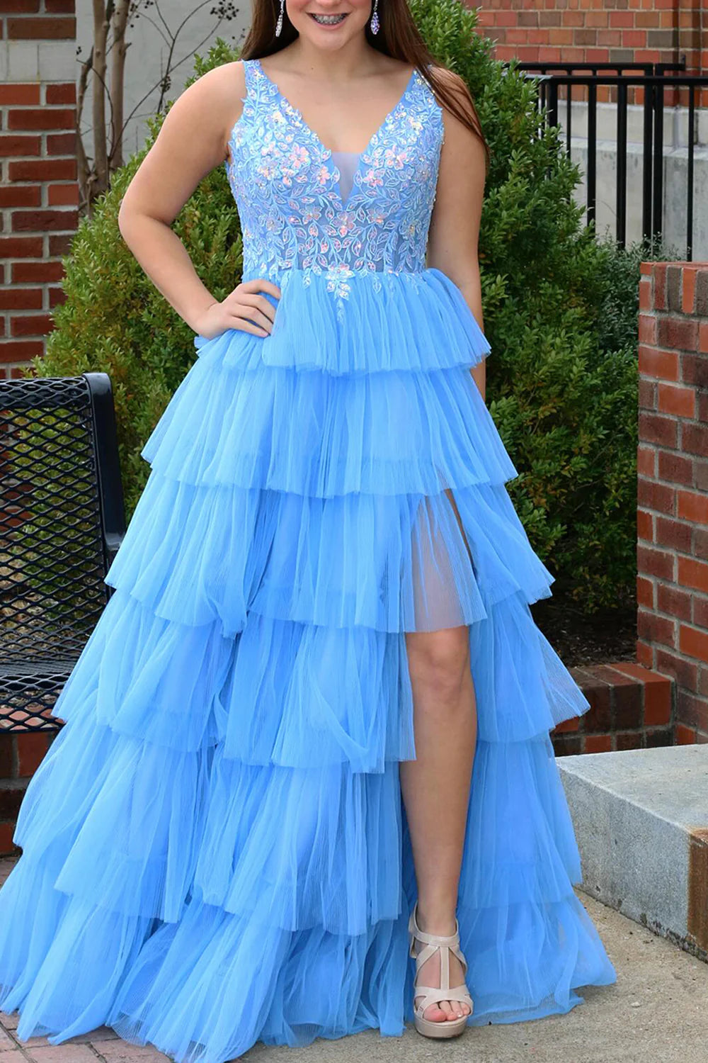 A Line V-Neck Appliques Tiered Tulle Blue Floor Length Prom Dress With Slit
