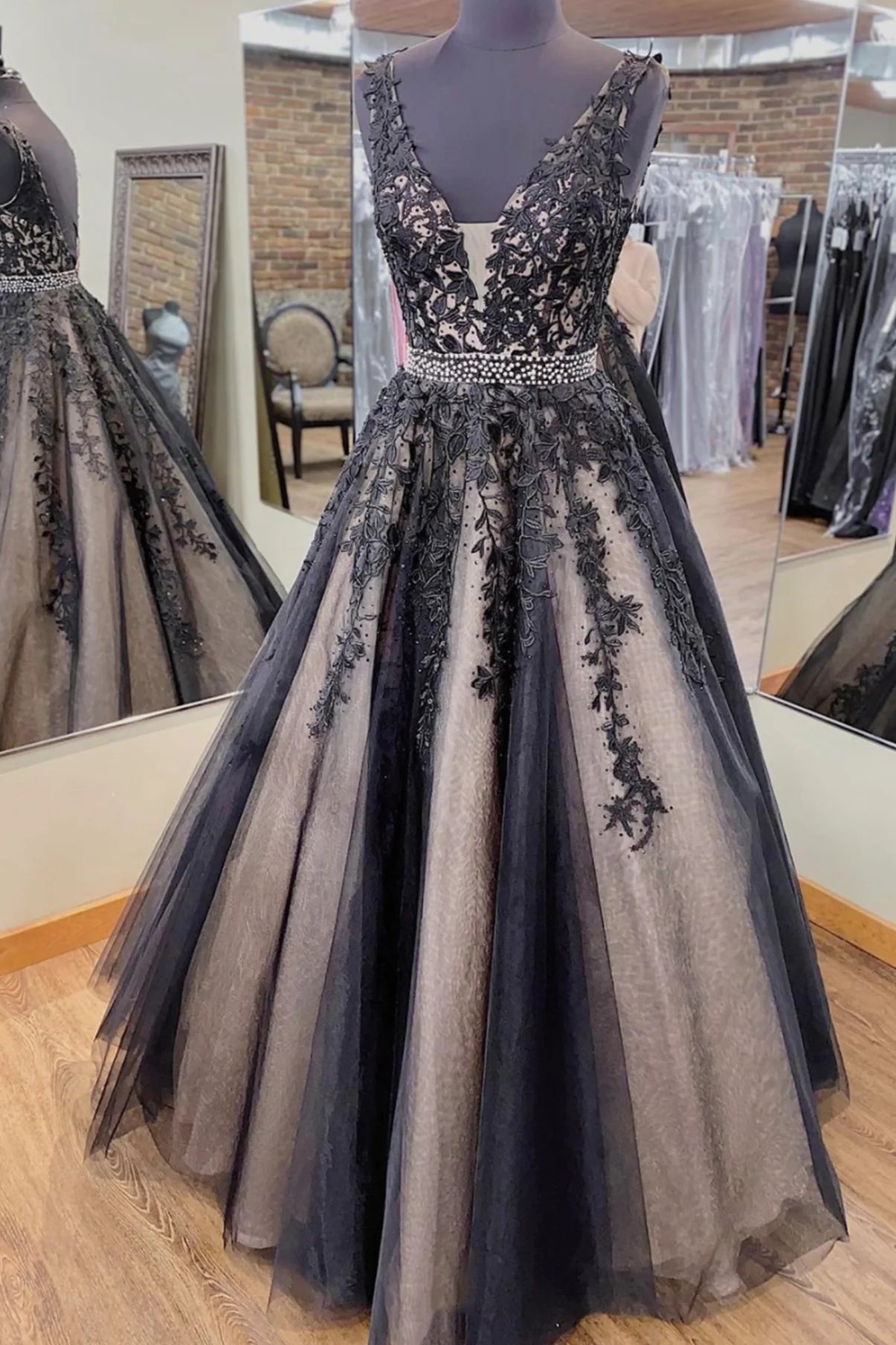 A Line V Neck Applique Beaded Backless Lace Black Long Prom Dress