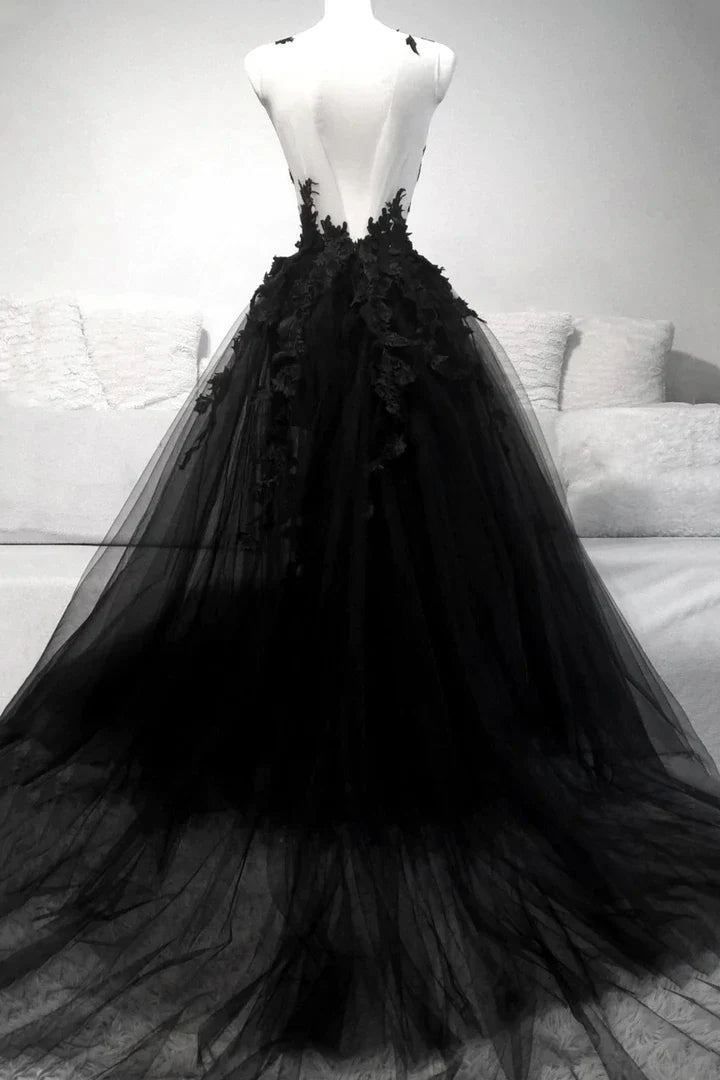 A Line V Neck Applique Lace Tulle Black Long Prom Dress Evening Dress