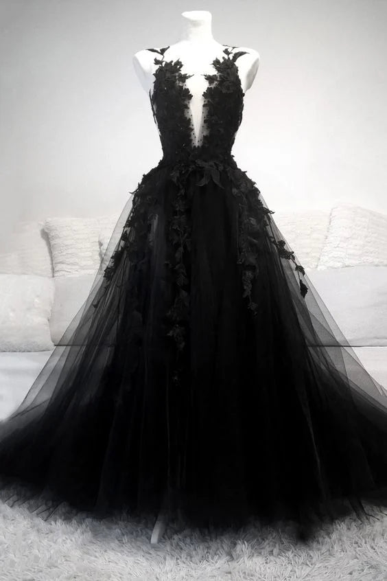A Line V Neck Applique Lace Tulle Black Long Prom Dress Evening Dress