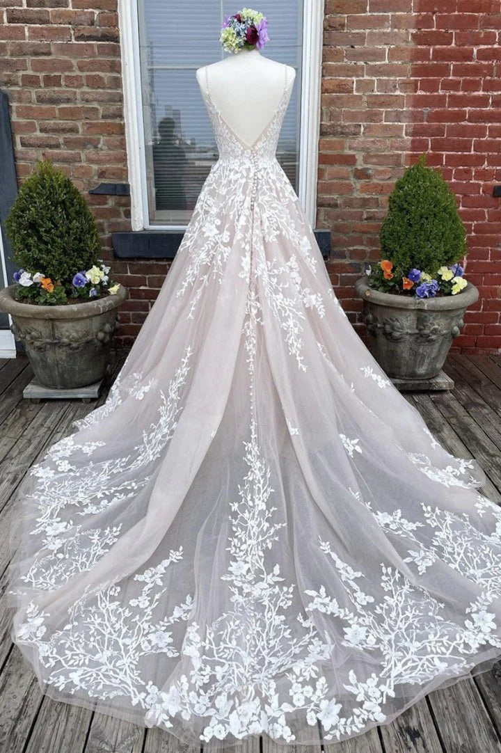 A Line V Neck Applique Lace Tulle Long Prom Dress Evening Dress