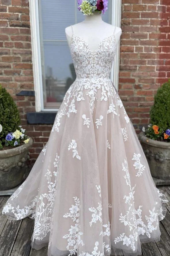 A Line V Neck Applique Lace Tulle Long Prom Dress Evening Dress