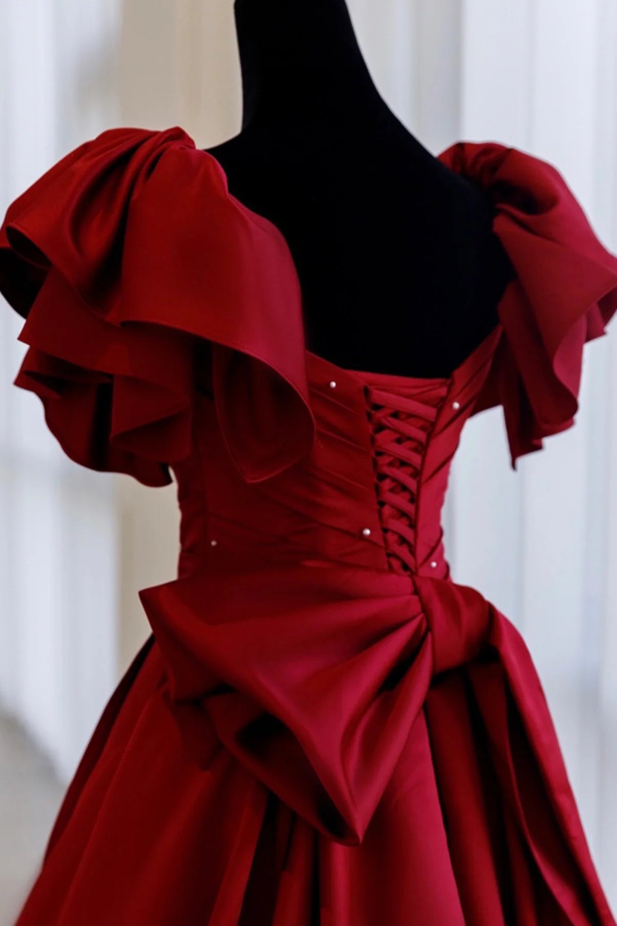 A Line V Neck Cap Sleeve Satin Burgundy Long Prom Dress Evening Dress