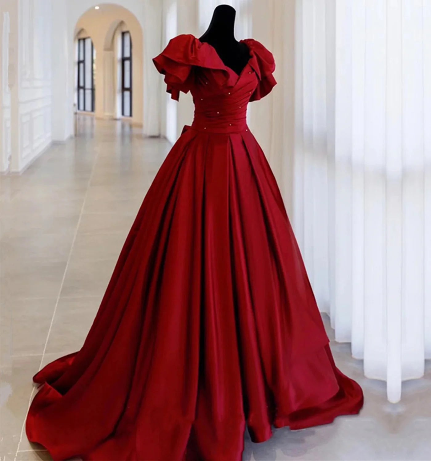 A Line V Neck Cap Sleeve Satin Burgundy Long Prom Dress Evening Dress
