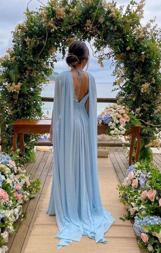 A Line V Neck Chiffon Sky Blue Long Bridesmaid Dresses With Streamer