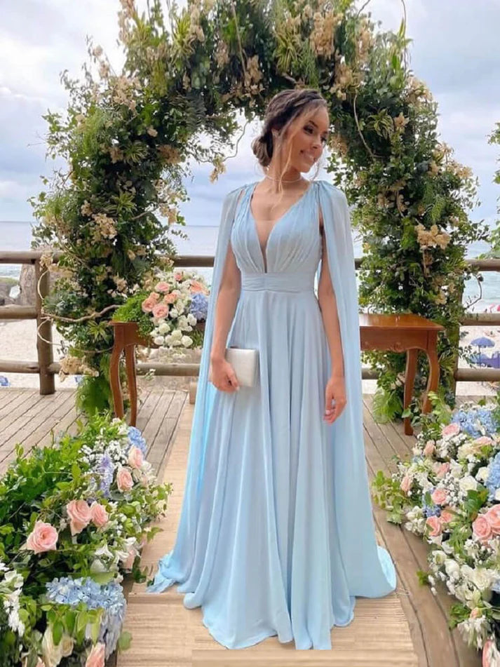 A Line V Neck Chiffon Sky Blue Long Bridesmaid Dresses With Streamer