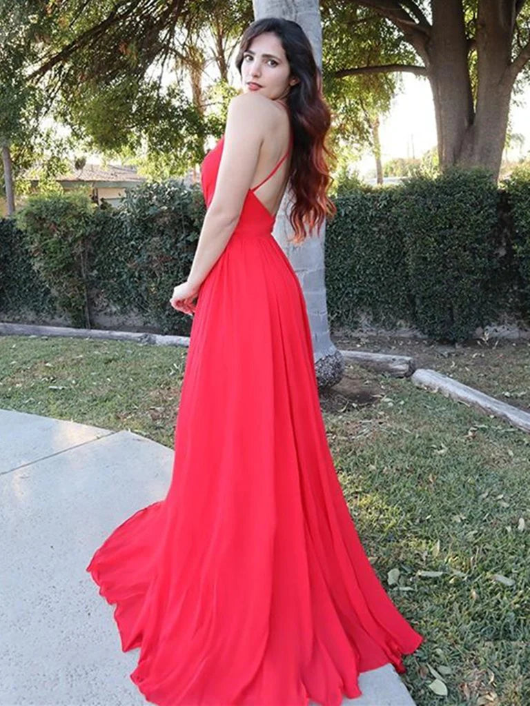 A Line V Neck Open Back Red Long Prom Dress Graduation Evening Dress