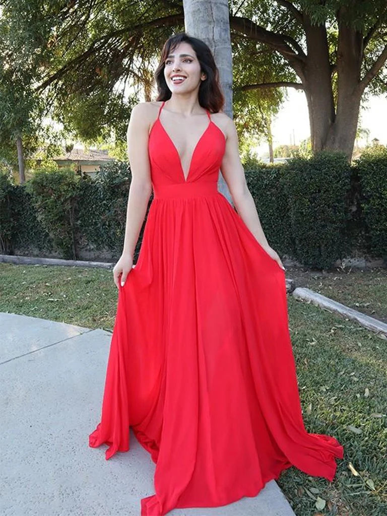 A Line V Neck Open Back Red Long Prom Dress Graduation Evening Dress