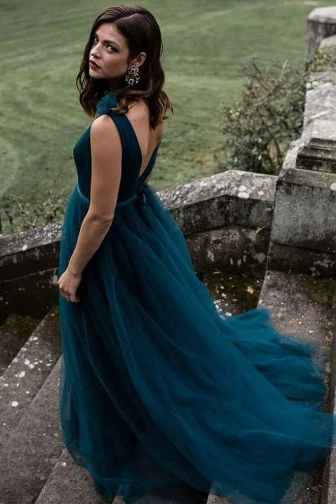 A Line V Neck Pleated Open Back Tulle Peacock Blue Long Prom Dress