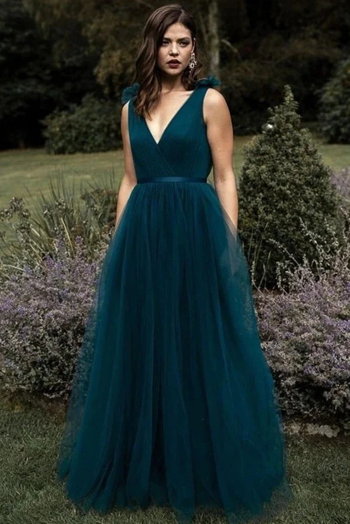 A Line V Neck Pleated Open Back Tulle Peacock Blue Long Prom Dress