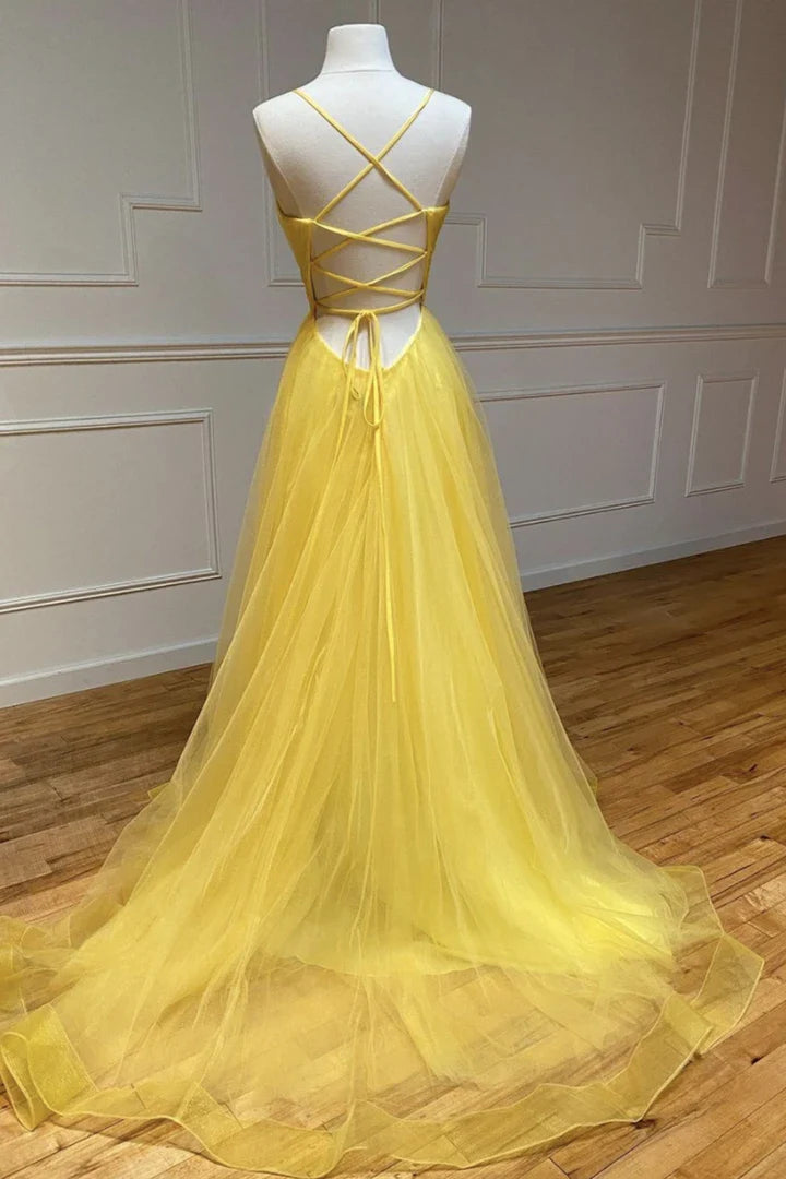 A Line V Neck Pleated Tulle Yellow Long Prom Dress Evening Dress