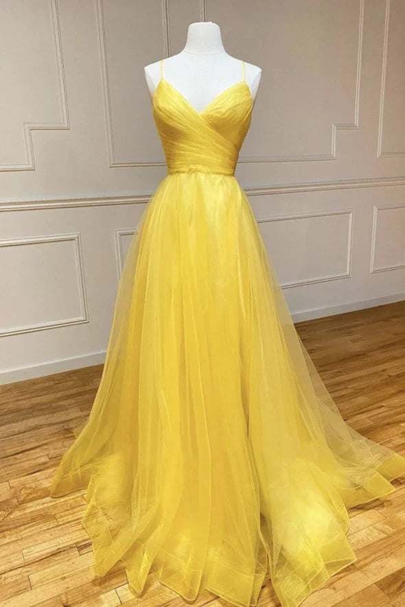 A Line V Neck Pleated Tulle Yellow Long Prom Dress Evening Dress