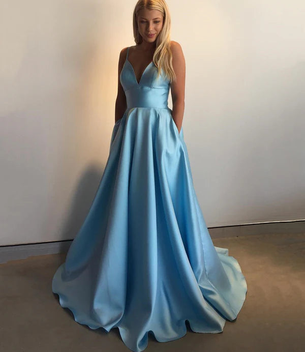 A Line V Neck Satin Blue Long Prom Dress Evening Dress With Pockets