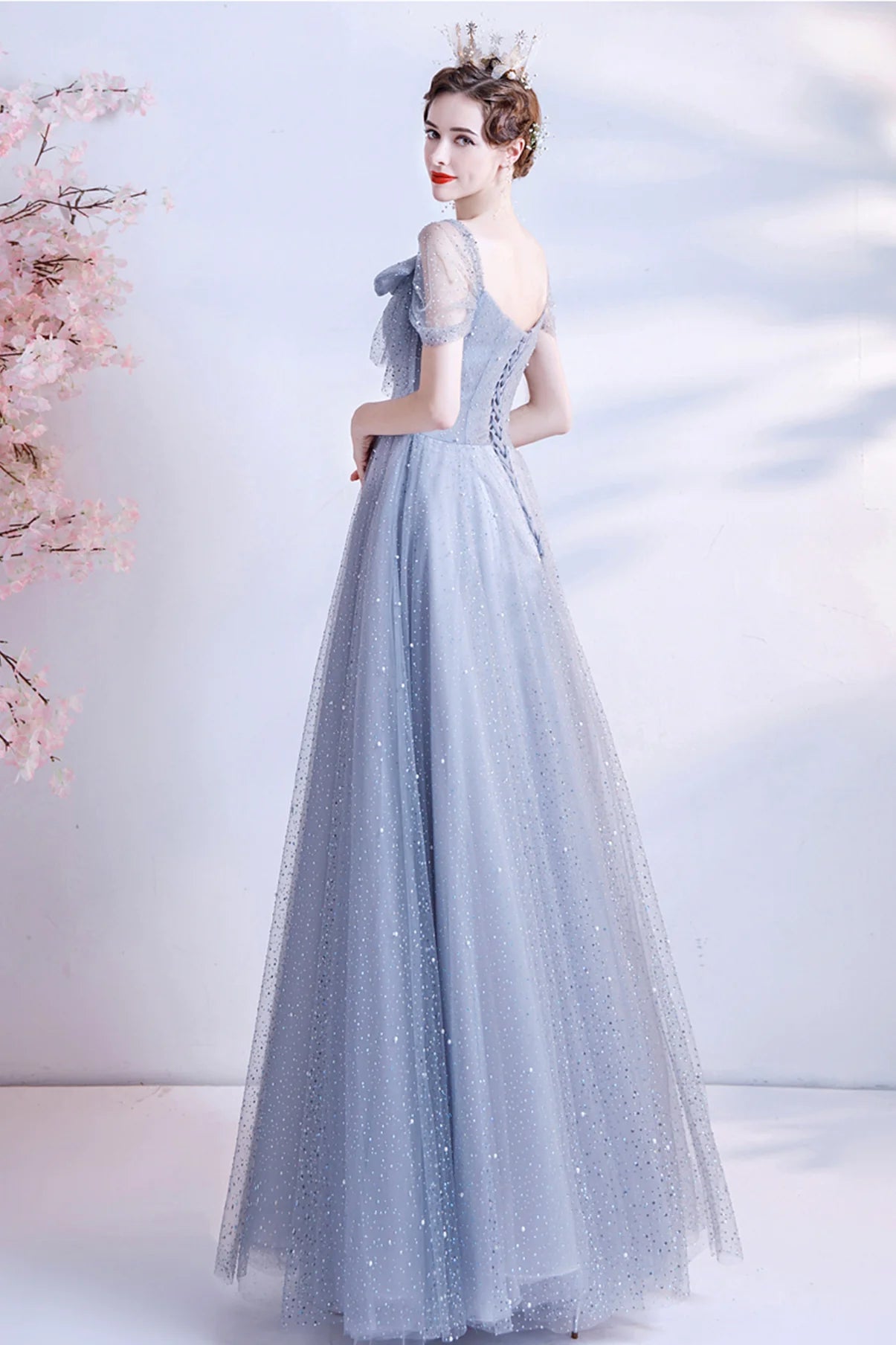 A Line V Neck Sequins Bow Tulle Gray Long Prom Dress Evening Dress