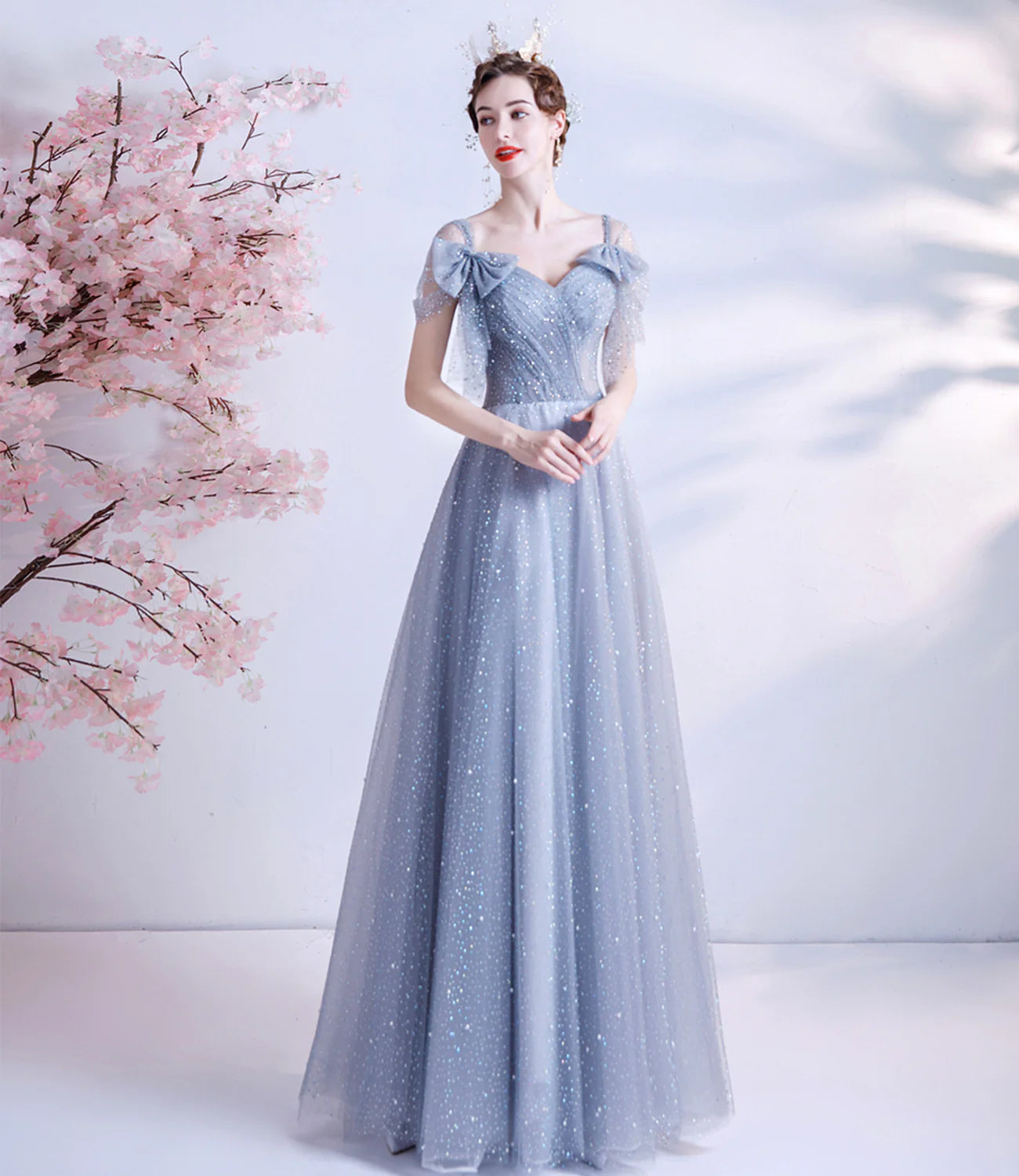 A Line V Neck Sequins Bow Tulle Gray Long Prom Dress Evening Dress