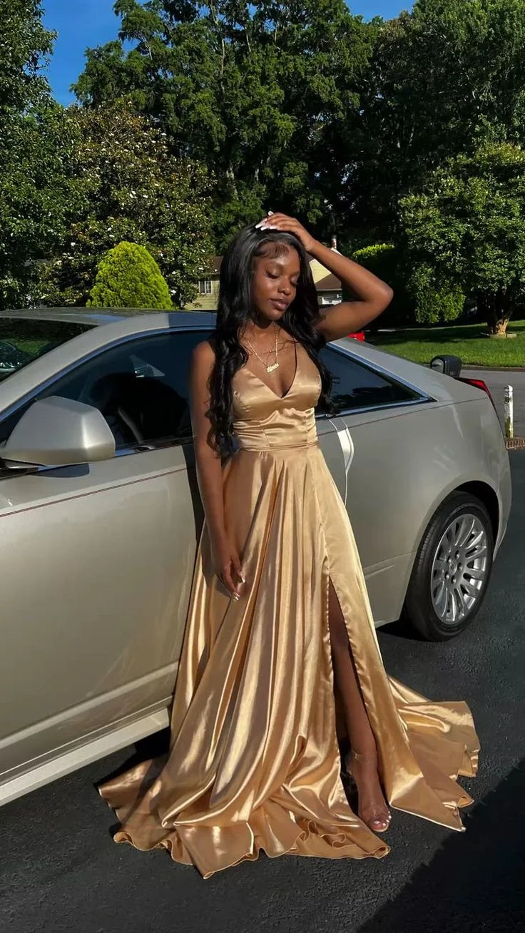 A Line V Neck Sleeveless Satin Gold Floor Length Prom Dress With Slit