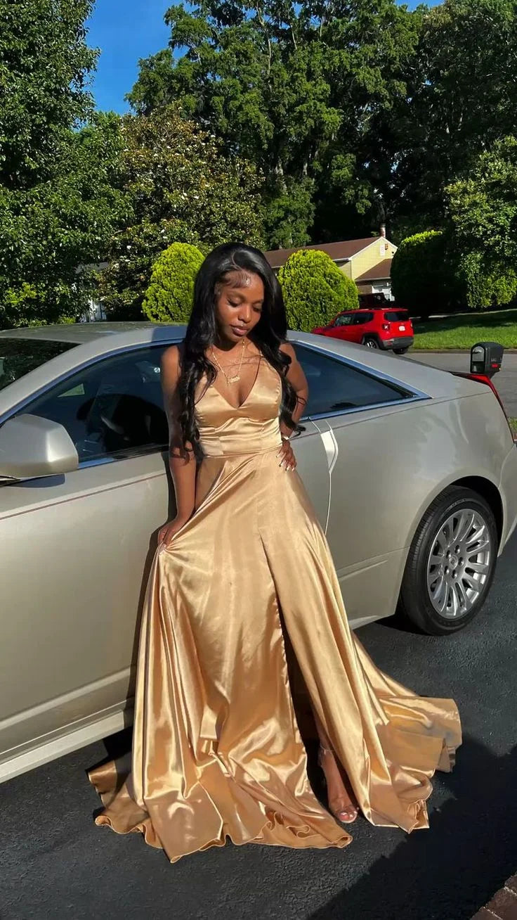 A Line V Neck Sleeveless Satin Gold Floor Length Prom Dress With Slit