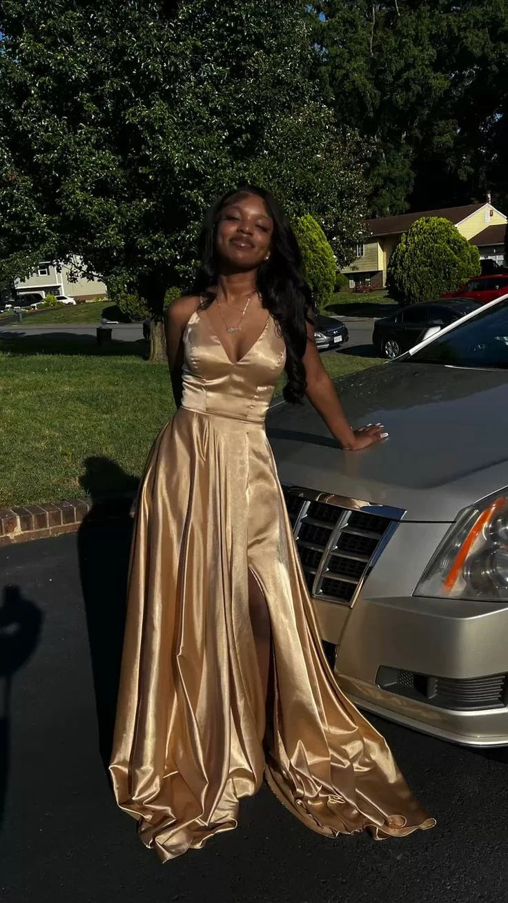 A Line V Neck Sleeveless Satin Gold Floor Length Prom Dress With Slit