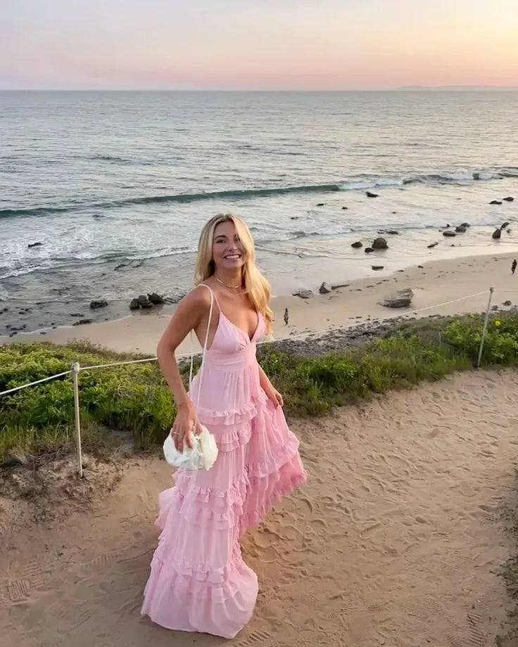 A Line V Neck Spaghetti Strap Tiered Chiffon Light Pink Floor Length Prom Dress Hot Sale