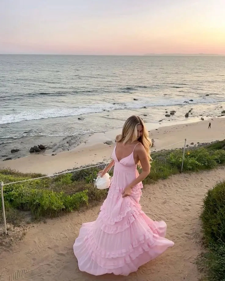 A Line V Neck Spaghetti Strap Tiered Chiffon Light Pink Floor Length Prom Dress Hot Sale