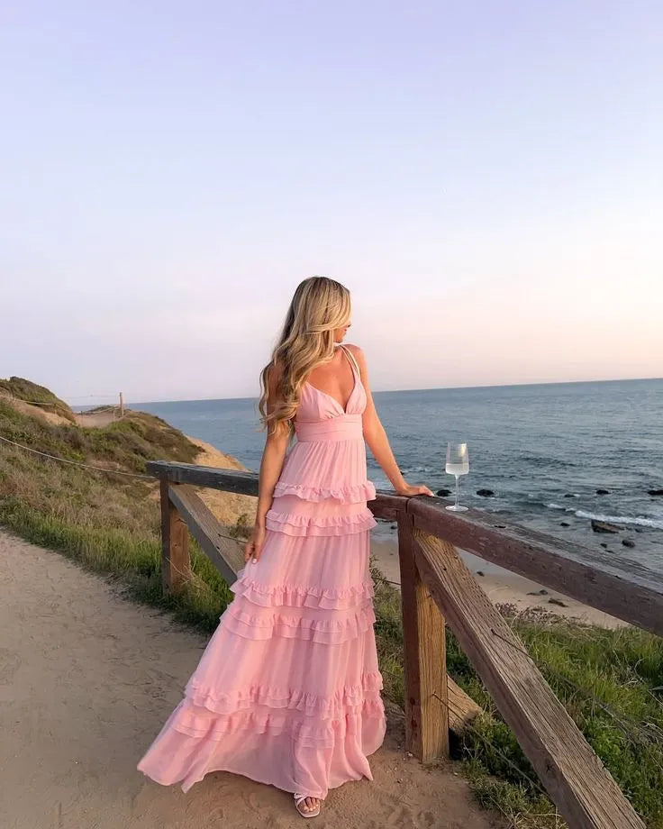 A Line V Neck Spaghetti Strap Tiered Chiffon Light Pink Floor Length Prom Dress Hot Sale