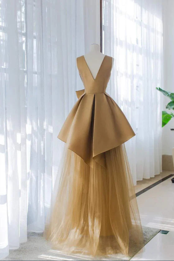 A Line V Neck Tiered Satin Tulle Brown Long Evening Dress Prom Dress