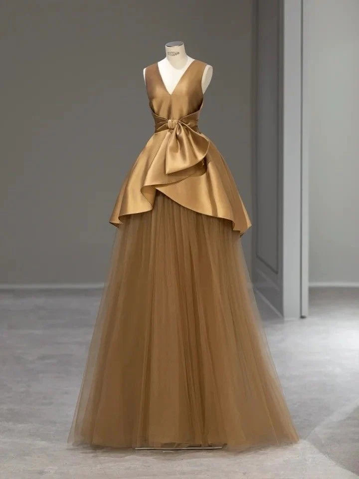 A Line V Neck Tiered Satin Tulle Brown Long Evening Dress Prom Dress