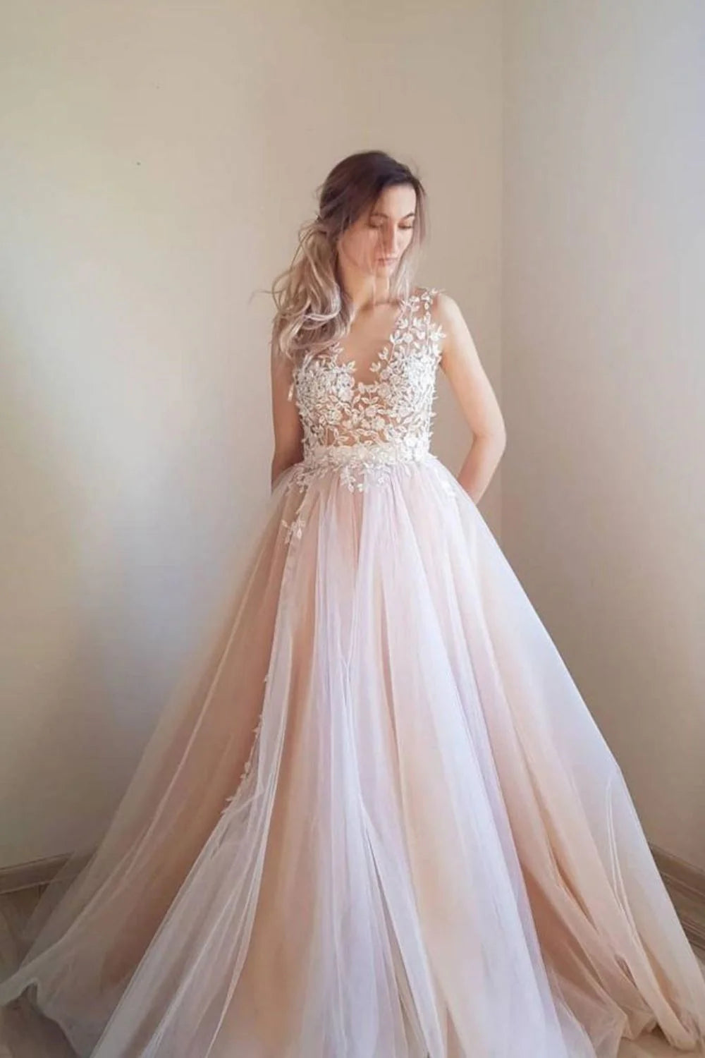 A Line V Neck V Back Appliques Tulle Pink Floor Length Prom Dress