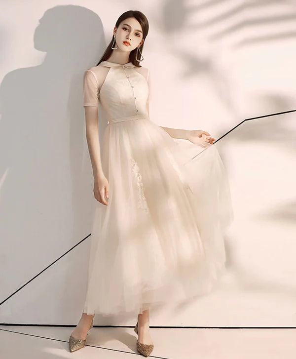 A Line Half High Neck Tulle Lilac Evening Dress Graduation Prom Dress