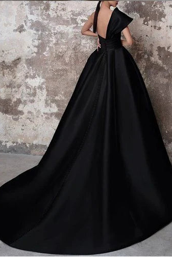 A Line One Shoulder Satin Black Floor Length Prom Dress With Buttons