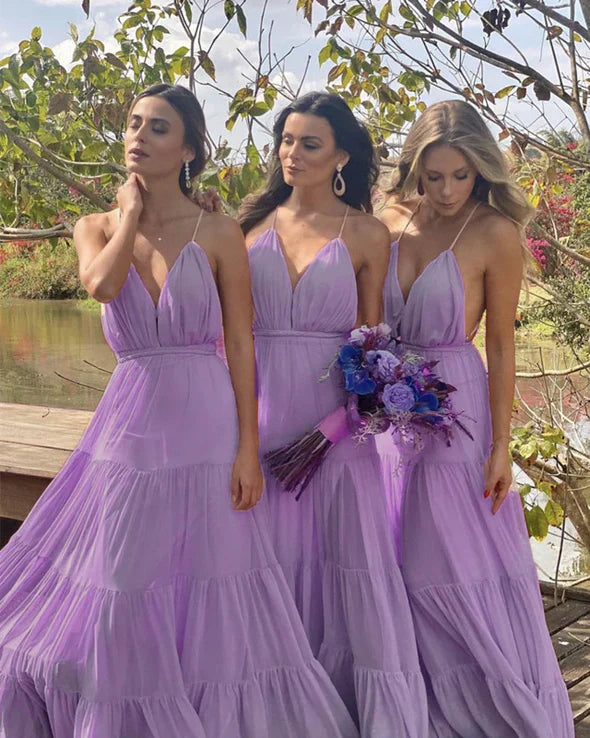 Affordable A-line V Neck Pleated Ruffles Long Bridesmaid Dresses Casual