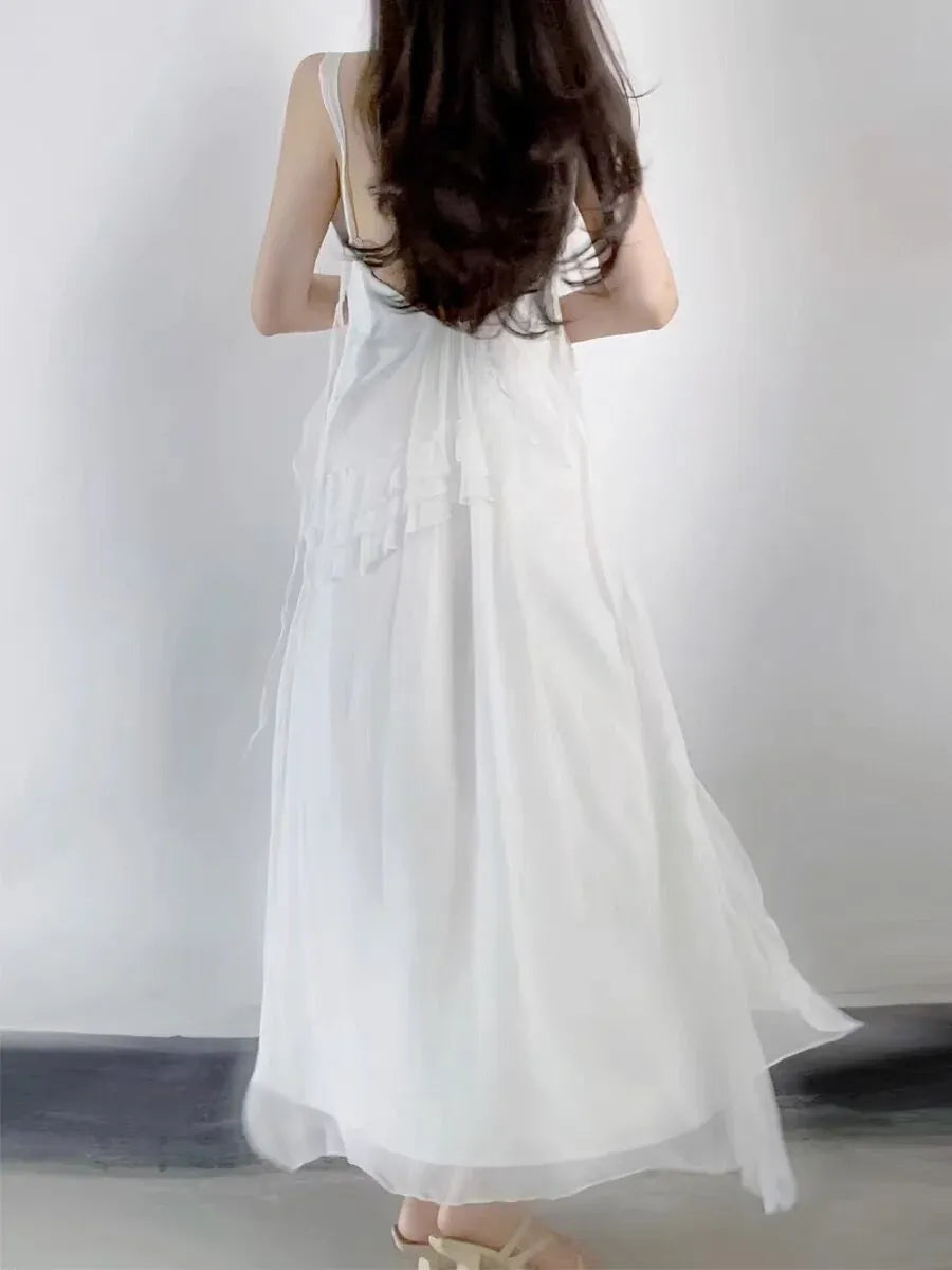 Airy A-Line Square-Neck Ruffle-Accent Chiffon White Maxi Evening Dress for Women