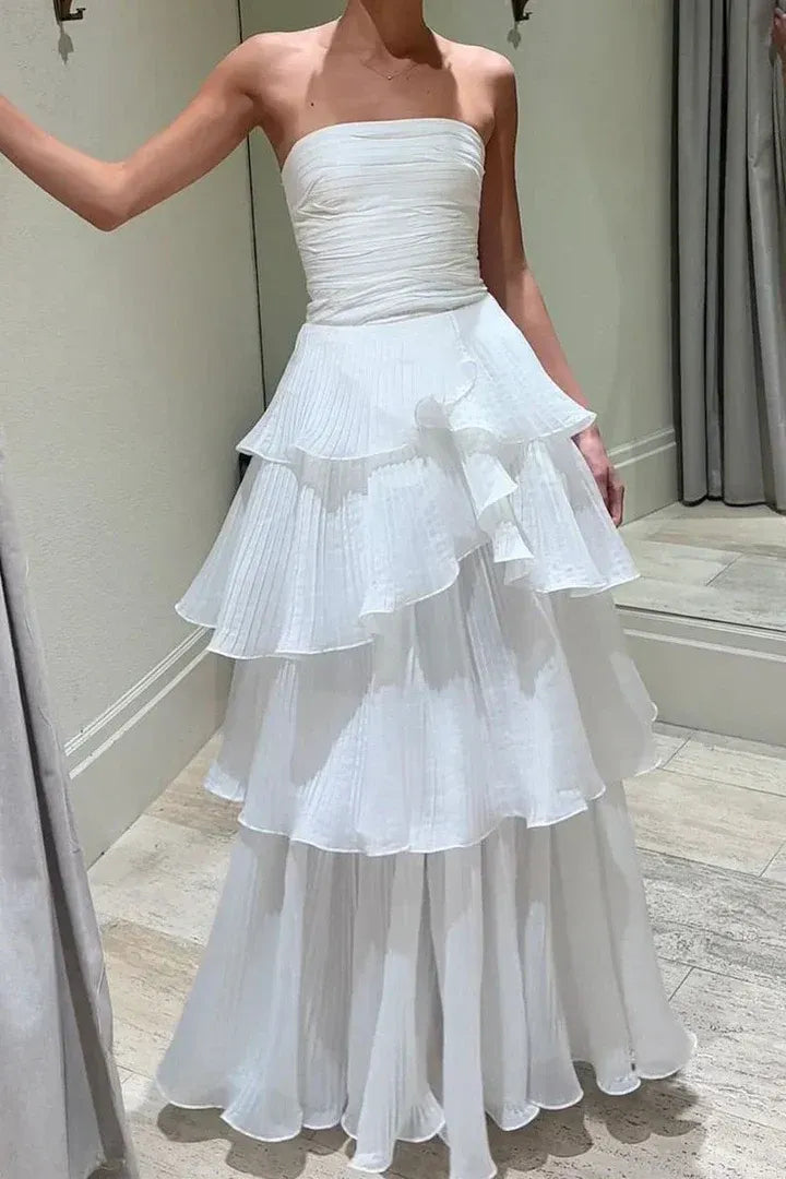 Airy Ballgown Strapless Sleeveless Tiered White Long Prom Dress for Women Ready to Ship