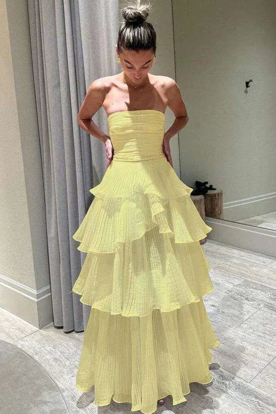 Airy Ballgown Strapless Sleeveless Tiered White Long Prom Dress for Women Ready to Ship