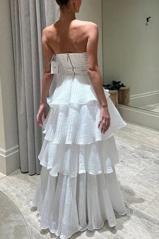 Airy Ballgown Strapless Sleeveless Tiered White Long Prom Dress for Women Ready to Ship