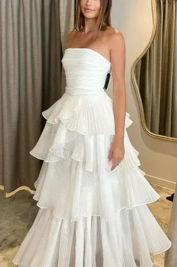 Airy Ballgown Strapless Sleeveless Tiered White Long Prom Dress for Women Ready to Ship