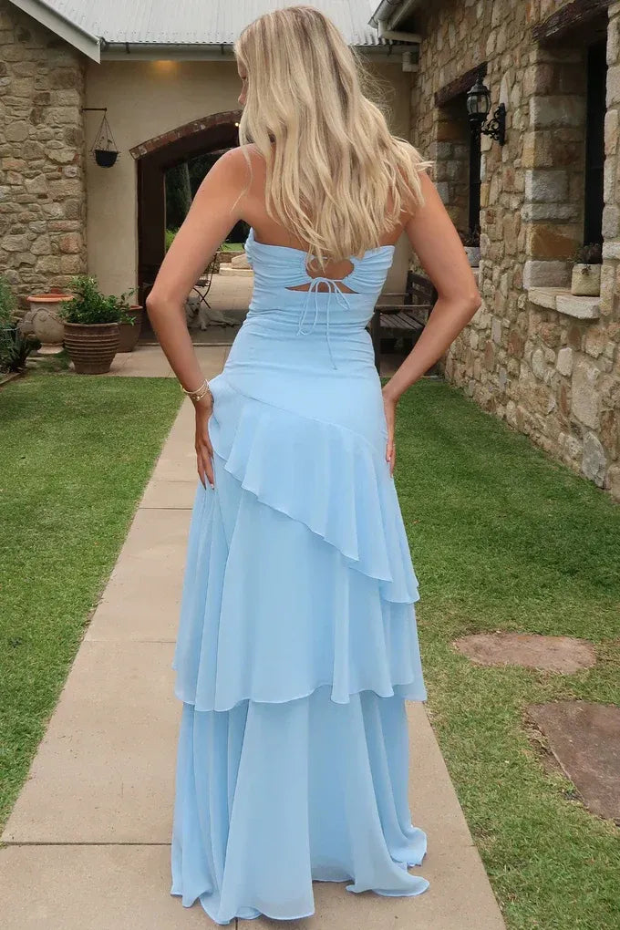 Airy Chiffon Long Evening Dress Light Blue Strapless Ruffled Party Gown for Women