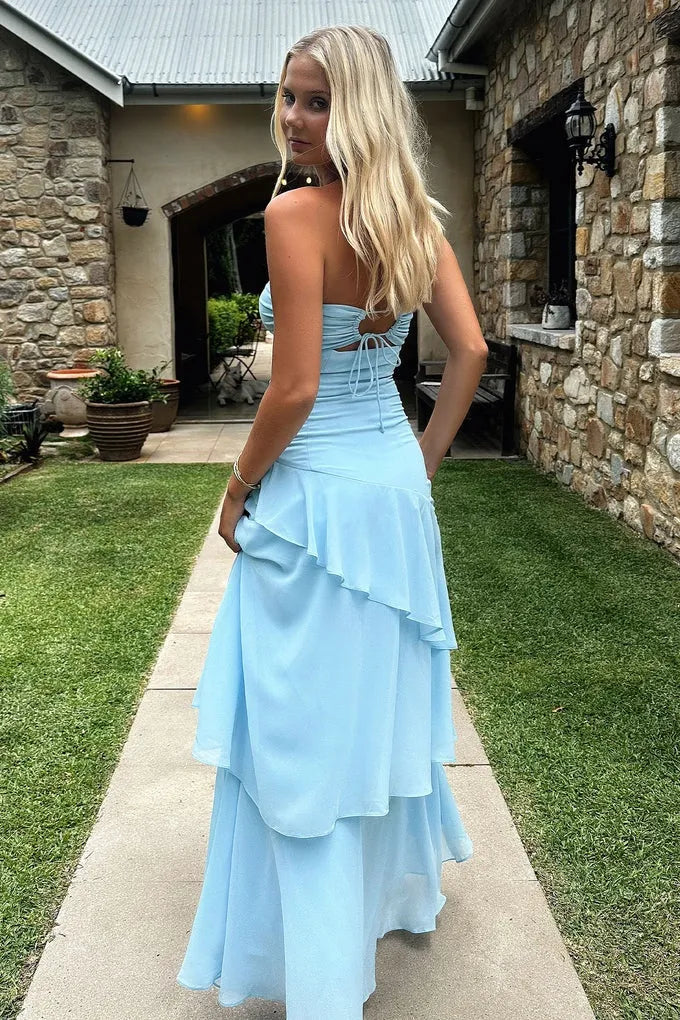 Airy Chiffon Long Evening Dress Light Blue Strapless Ruffled Party Gown for Women