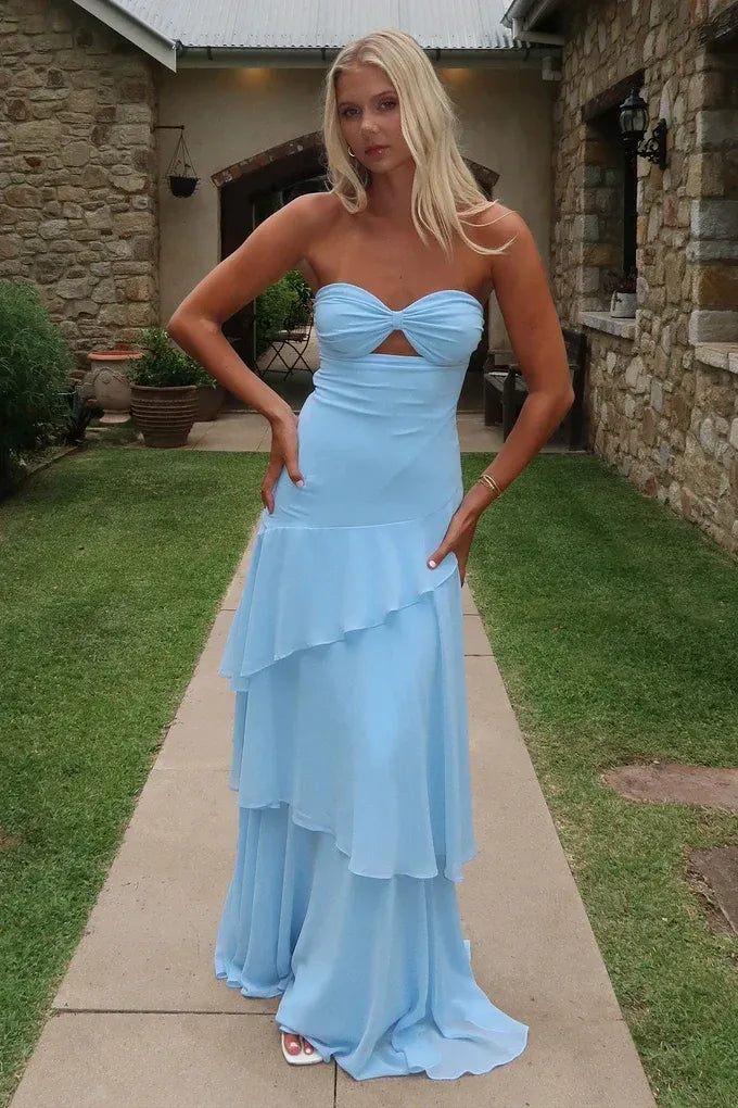 Airy Chiffon Long Evening Dress Light Blue Strapless Ruffled Party Gown for Women