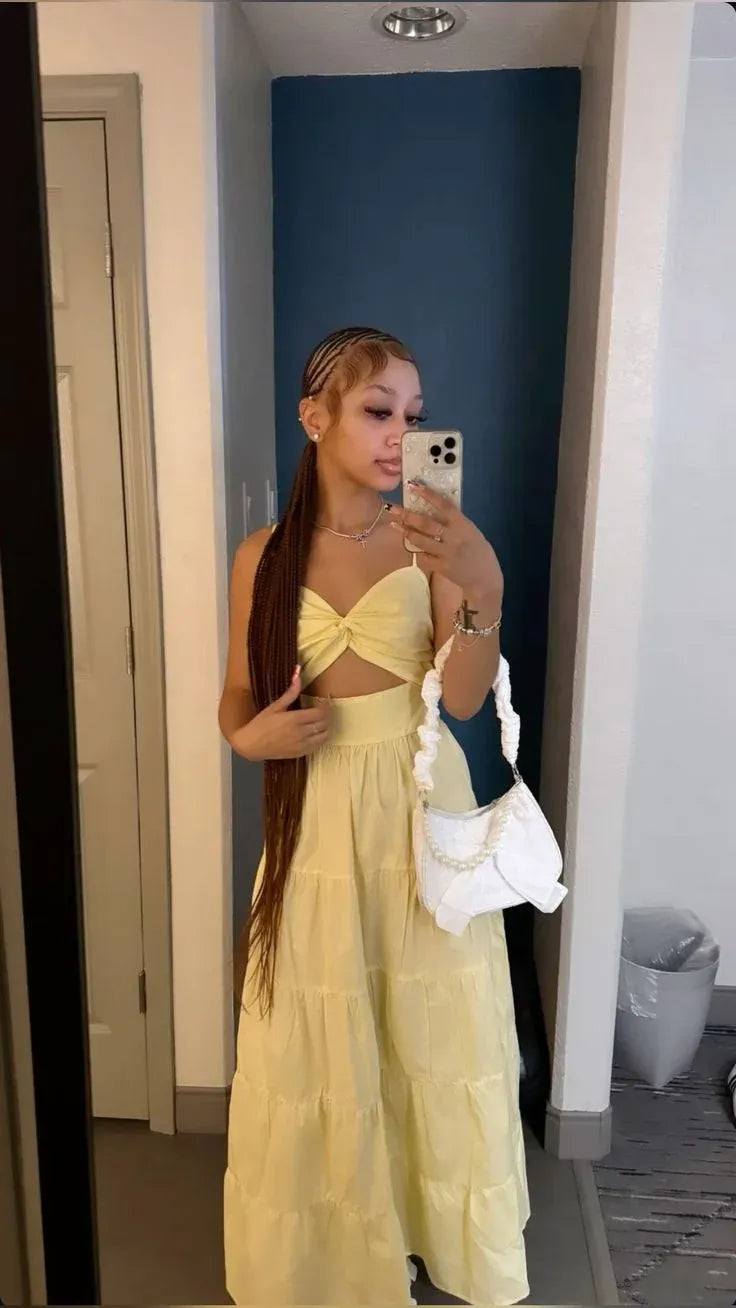 Airy Cotton Maxi Evening Dress Yellow Sweetheart Strap for Women