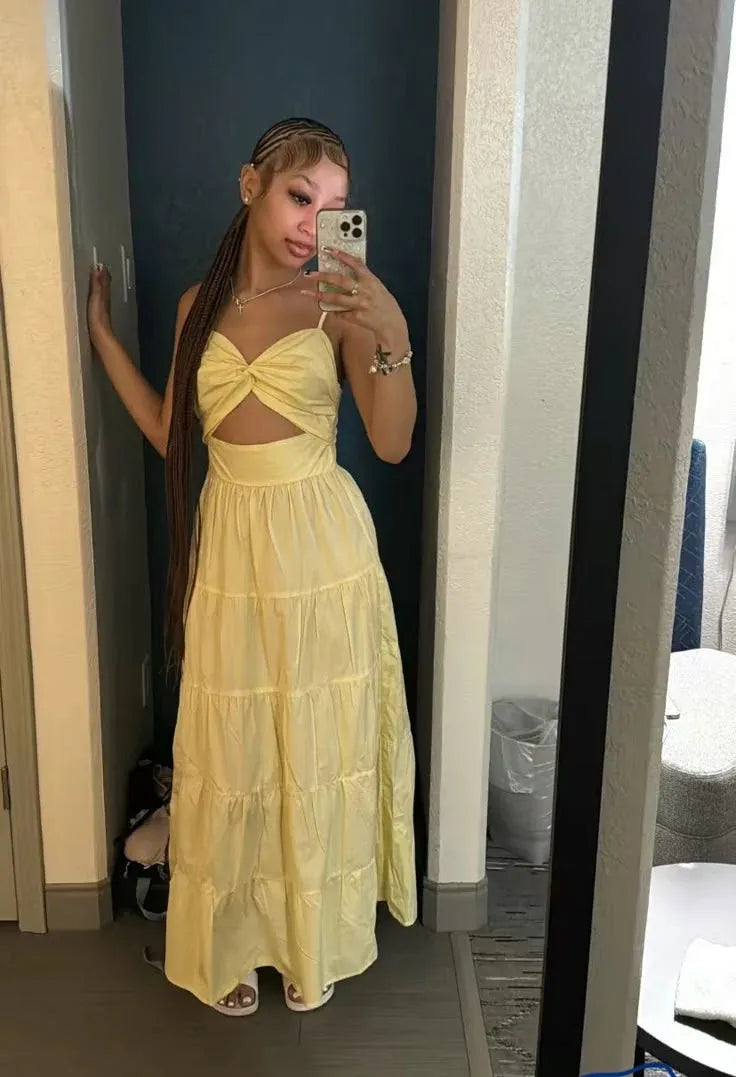 Airy Cotton Maxi Evening Dress Yellow Sweetheart Strap for Women