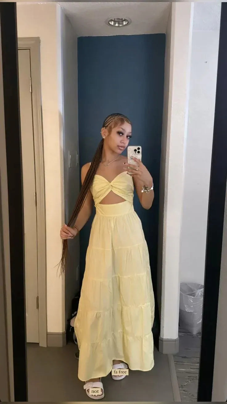 Airy Cotton Maxi Evening Dress Yellow Sweetheart Strap for Women
