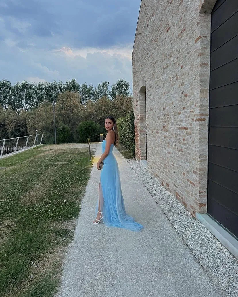 Airy Tulle Long Evening Dress Sky Blue Strapless Thigh-Slit for Women