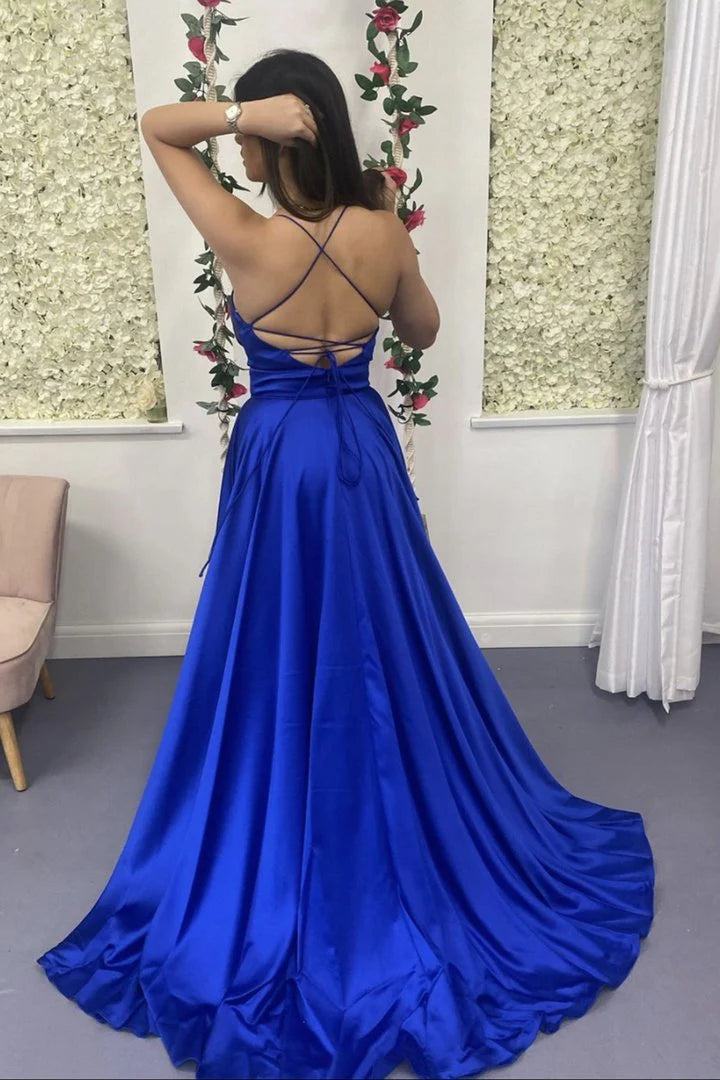 A line Deep V Neck Slit Satin Blue Long Prom Dress Evening Dress