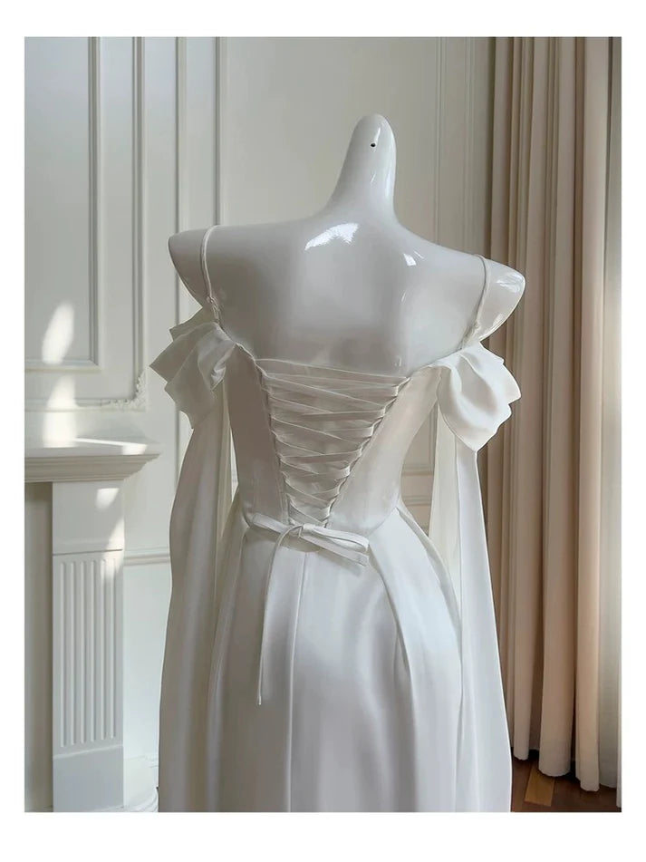 A line Off-the-Shoulder Chiffon White Evening Dress Prom Dress With Streamer