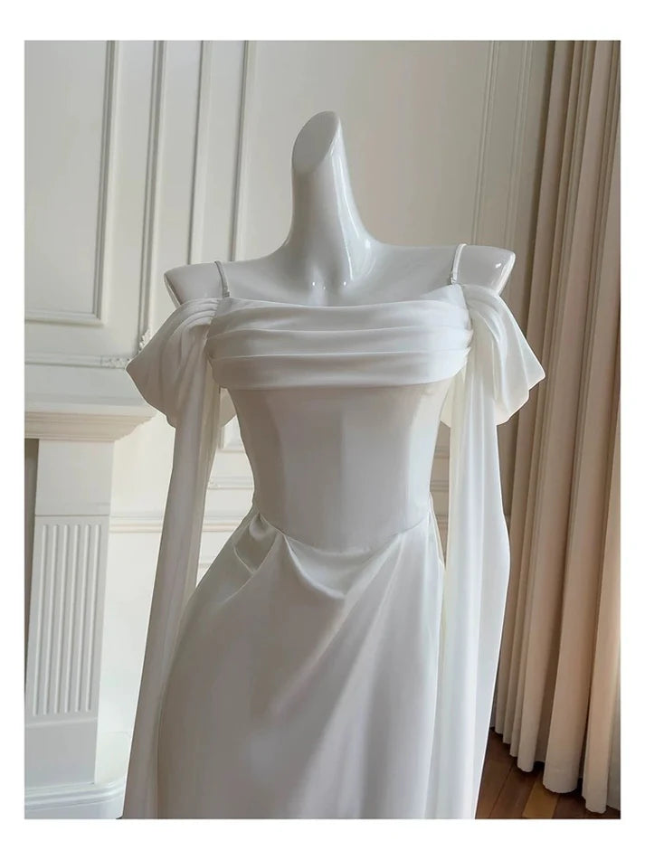 A line Off-the-Shoulder Chiffon White Evening Dress Prom Dress With Streamer