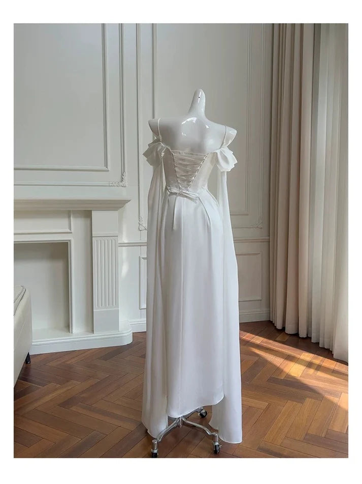 A line Off-the-Shoulder Chiffon White Evening Dress Prom Dress With Streamer